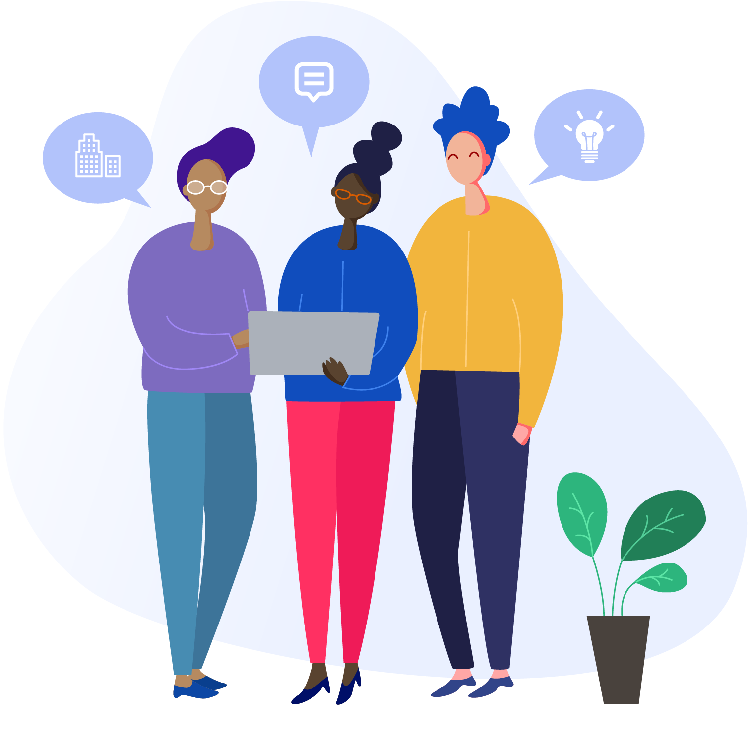 Group of people looking at laptop. Illustration.